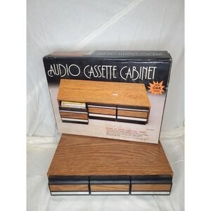 Vintage Faux Oak Audio Cassette Tape Holder in Original Box (NOS)